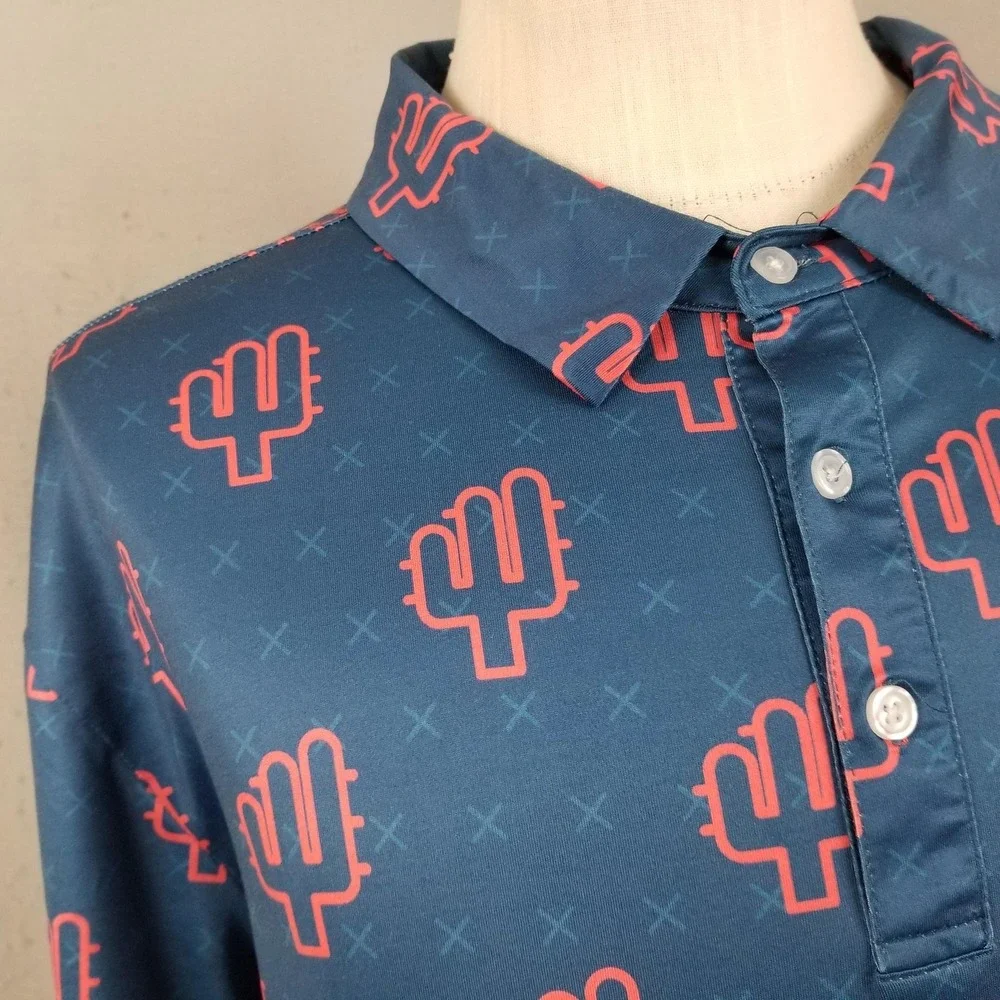 Yatta Golf Polo Shirt Mens 2XL Blue Cactus Print Performance Stretch Golf